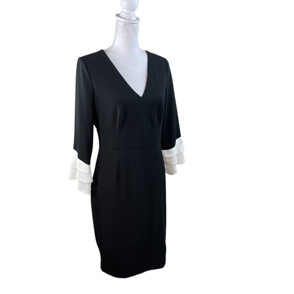 DKNY Black White Bell Ruffled Sheath Dress Formal Office Party Minimalist 8 - Picture 6 of 10